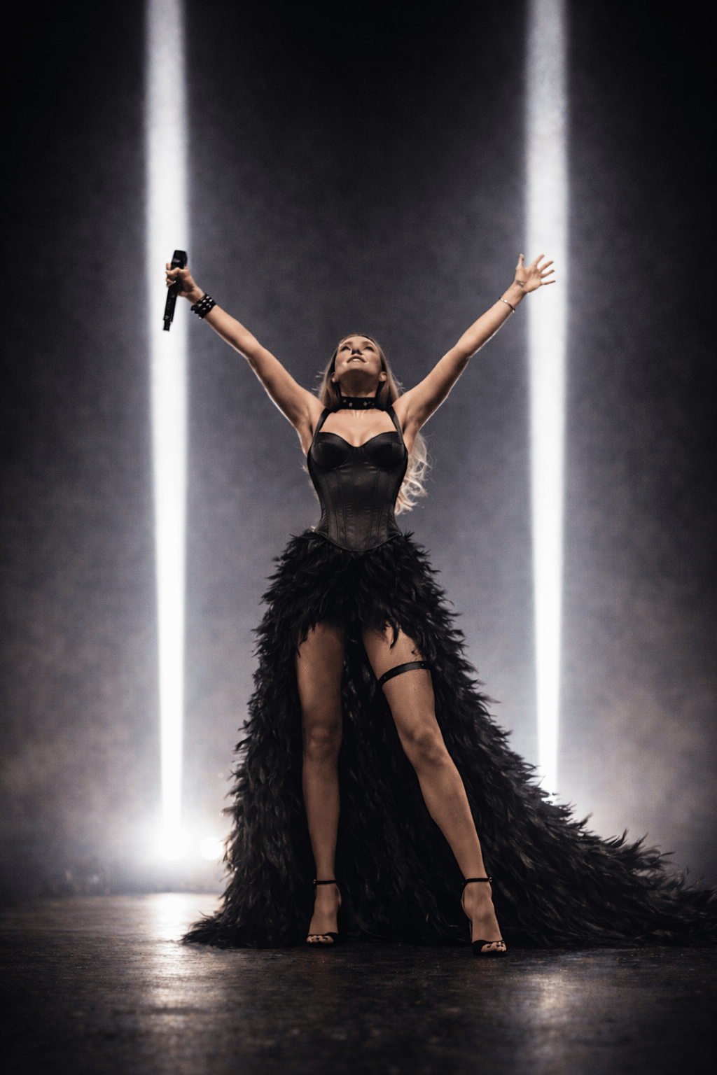 Stage Performer Dramatic Lighting Feathered Skirt Concert