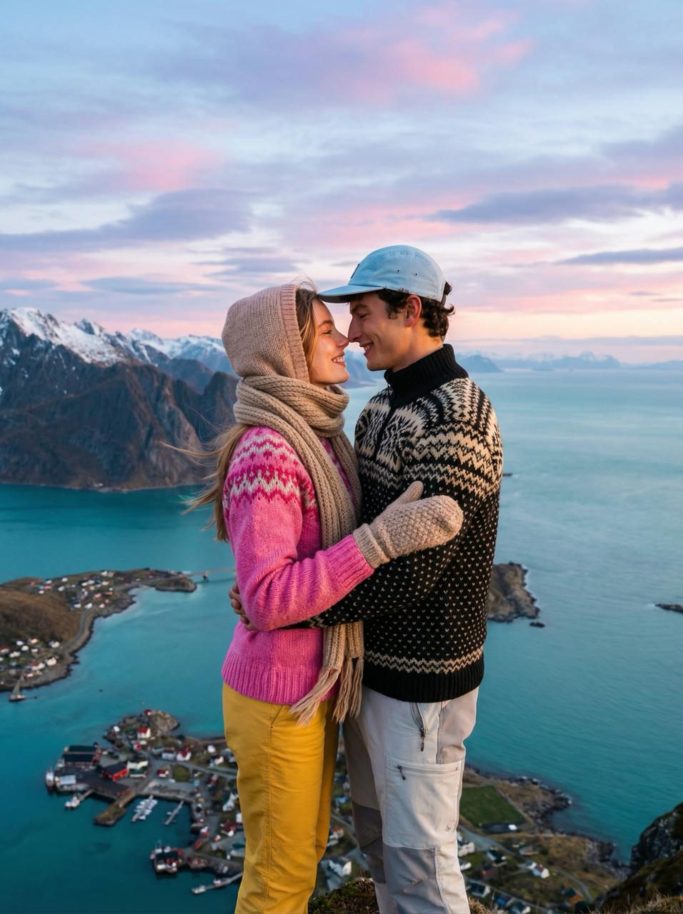 Couple Mountain Fjord Sunset Portrait