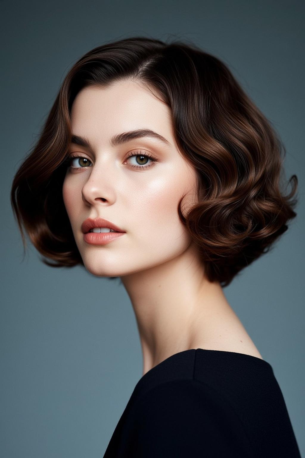 Elegant Studio Portrait Wavy Bob Neutral Smile reference photo