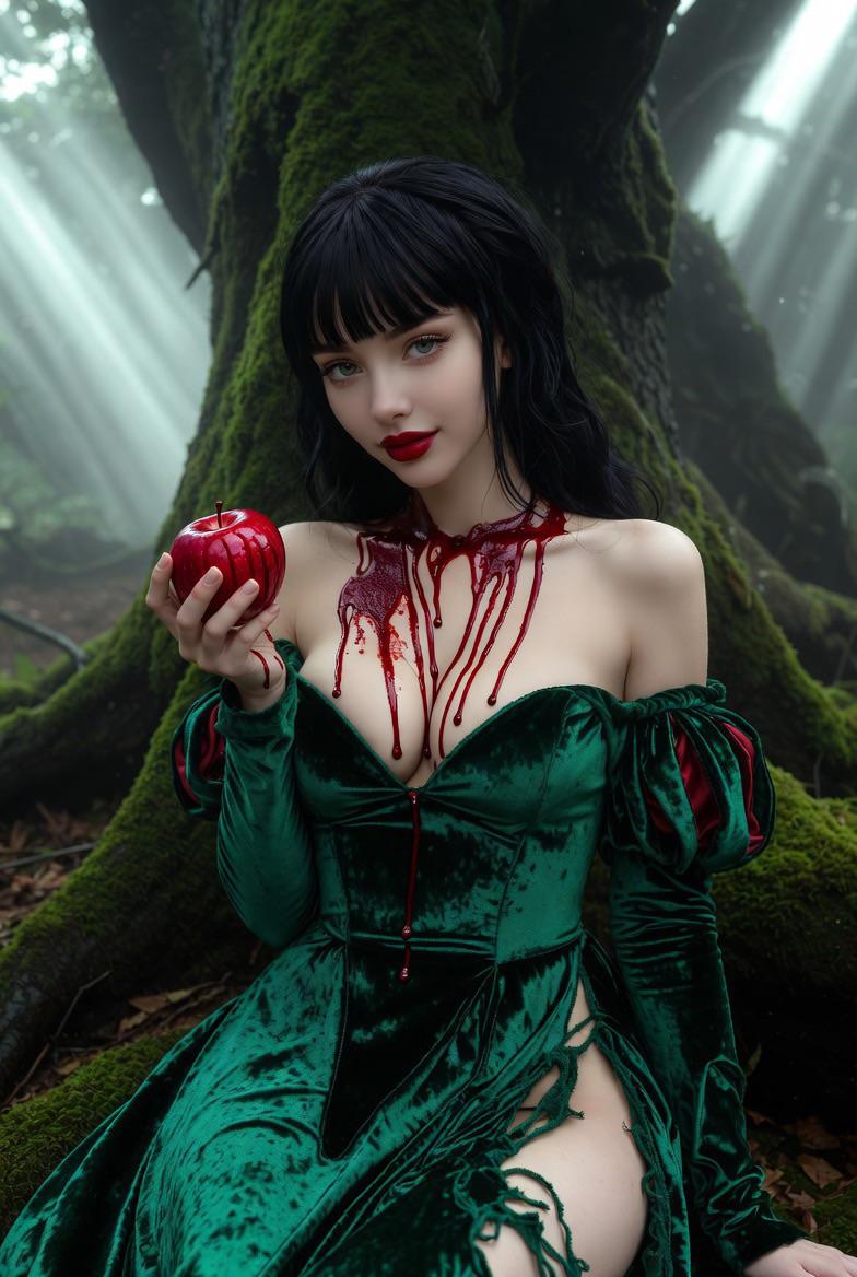 Emerald Gown Ripped In Mossy Forest With Red Apple