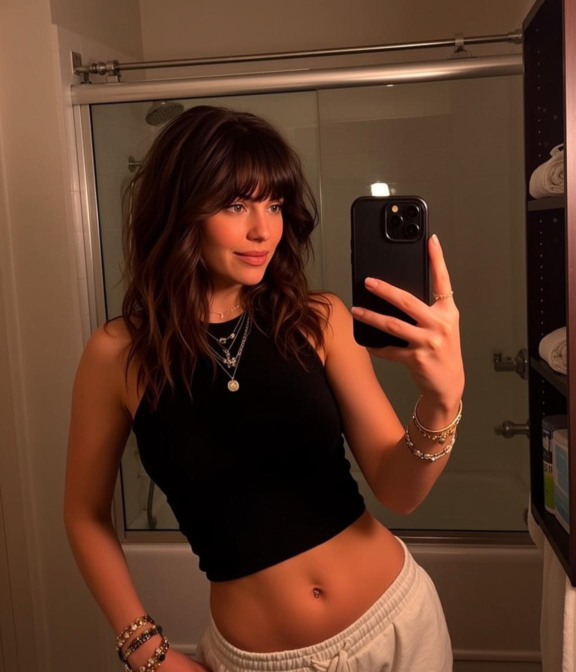 Explore Stands Bathroom Holding Black Smartphone Her reference photo