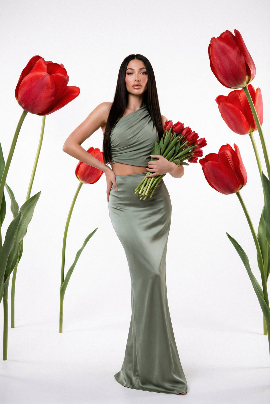 Woman Giant Red Tulips Studio