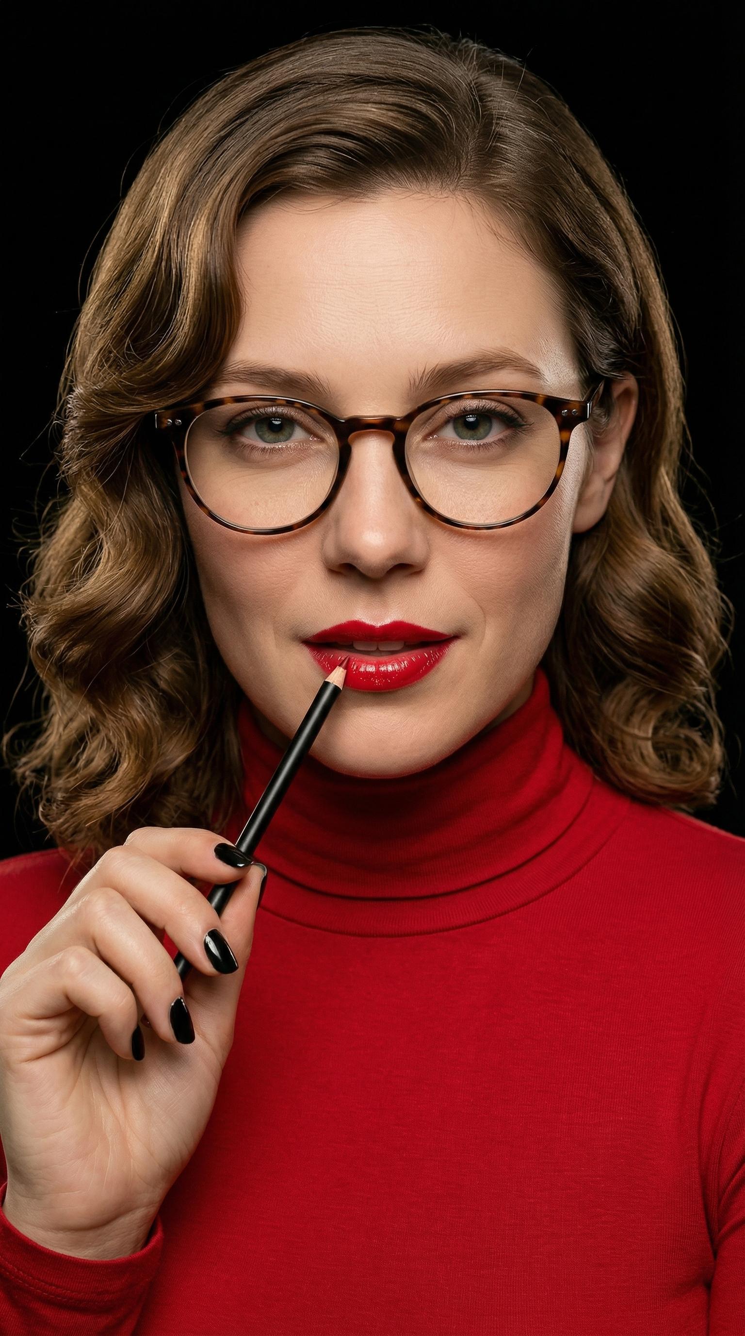 Red Turtleneck Glasses Hollywood Waves