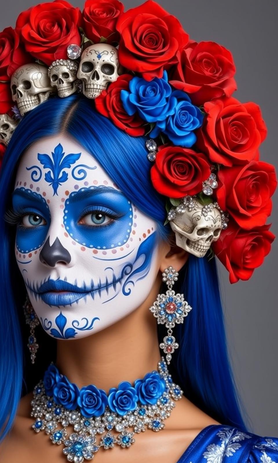 Halloween Makeup Sugar Skull Long Vibrant Blue reference photo